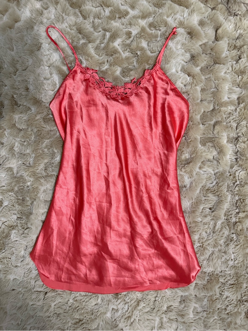 Vintage Inner Most Women's Coral Satin Dress with Lace Trim